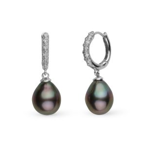 10.0-11.0 mm Tahitian Drop Pearl & Pave Diamond Large Hoop Earrings-GeekSEO